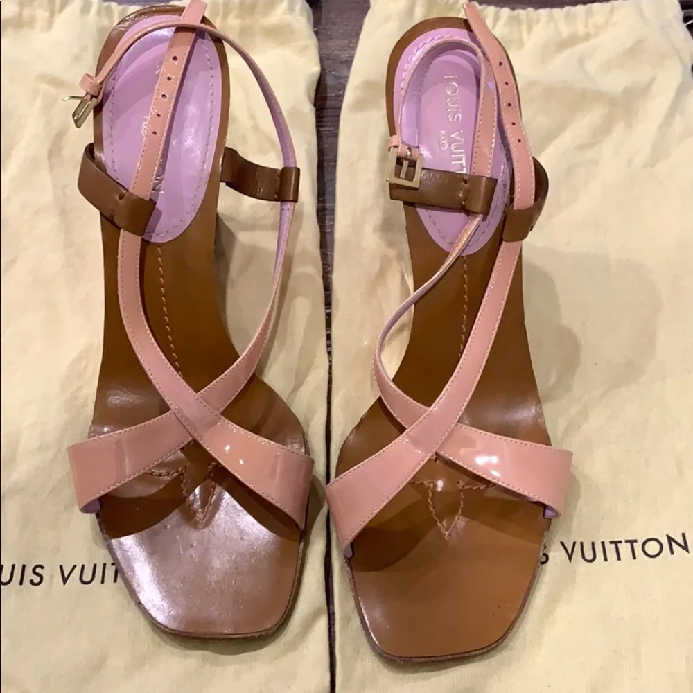 Louis Vuitton Pink and Brown Patent Leather Wedge Sandals